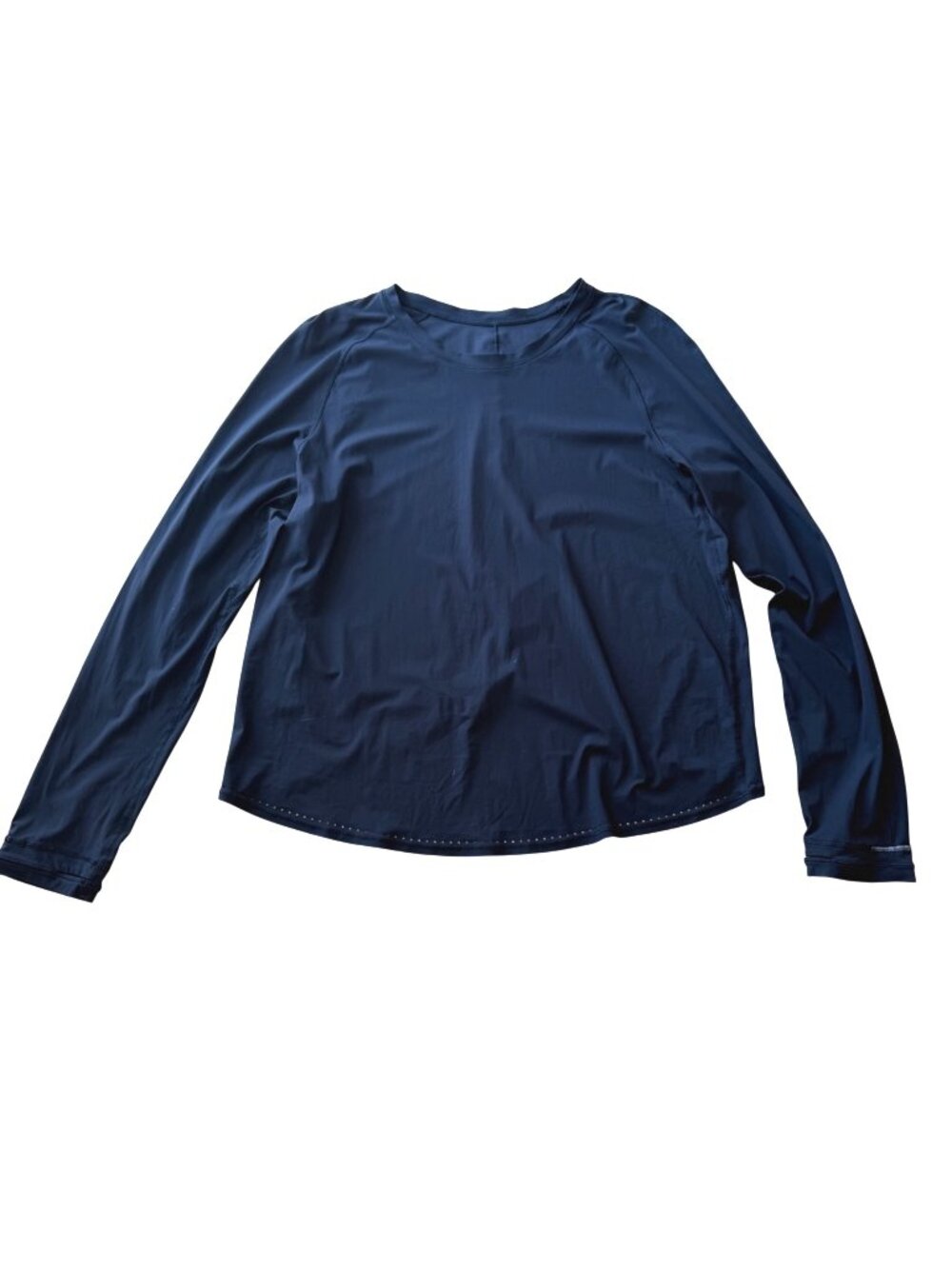 Lululemon Women's Athletic Top Navy Blue Raglan Sleeve Laser-Cut Hem Tulip-Back